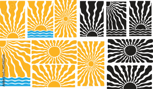 Groovy retro abstract sun backgrounds. Organic doodle shapes in trendy naive hippie 60s 70s style. Contemporary poster print banner template. HorizontalWavy vector illustration in yellow colors.
