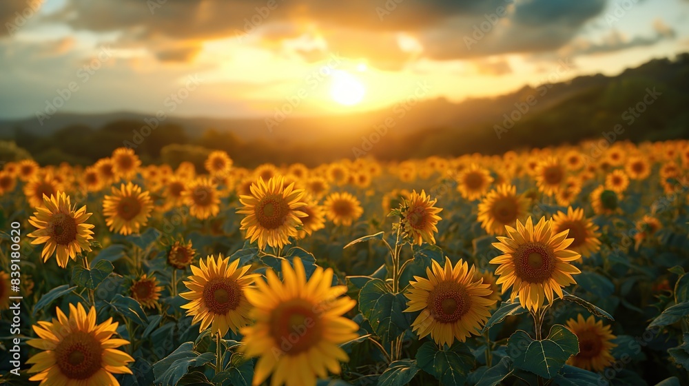 Fototapeta premium field of sunflowers at sunset, the beauty of these iconic flowers, golden sunlight