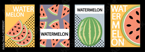 Set of labels, posters and price tags with watermelon fruits in a bright minimalistic style.