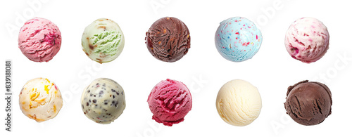 Various flavors of ice cream scoops seen from a top-down perspective, used for product display isolated on transparent background cutout png