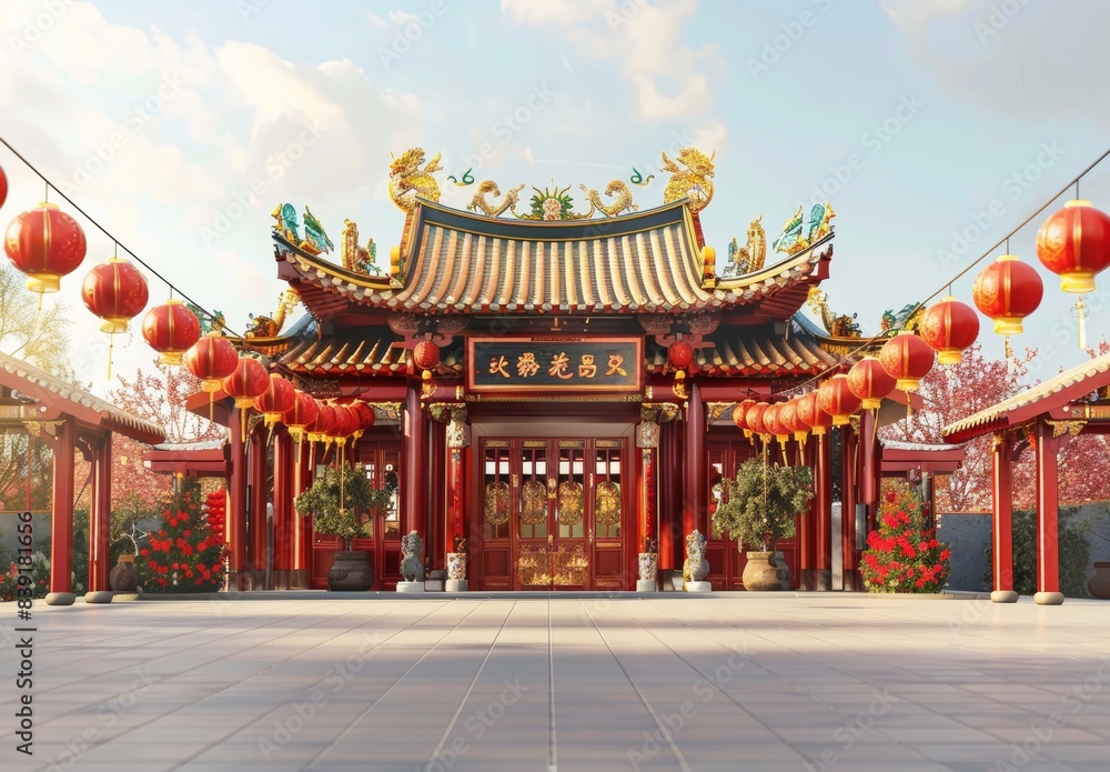 A 3D illustration of a Chinese festival scene featuring traditional architecture, capturing the essence of a cultural event with national flair. A 3D illustration of a Chinese festival scene featuring traditional architecture, capturing the essence of a cultural event with national flair.