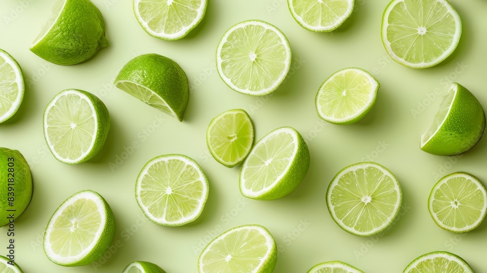 Limes pattern on light green background, top view, copy space, pop art design, photorealistic, whimsical, composite, bright and lively Limes pattern on light green background, top view, copy space, pop art design, photorealistic, whimsical, composite, bright and lively