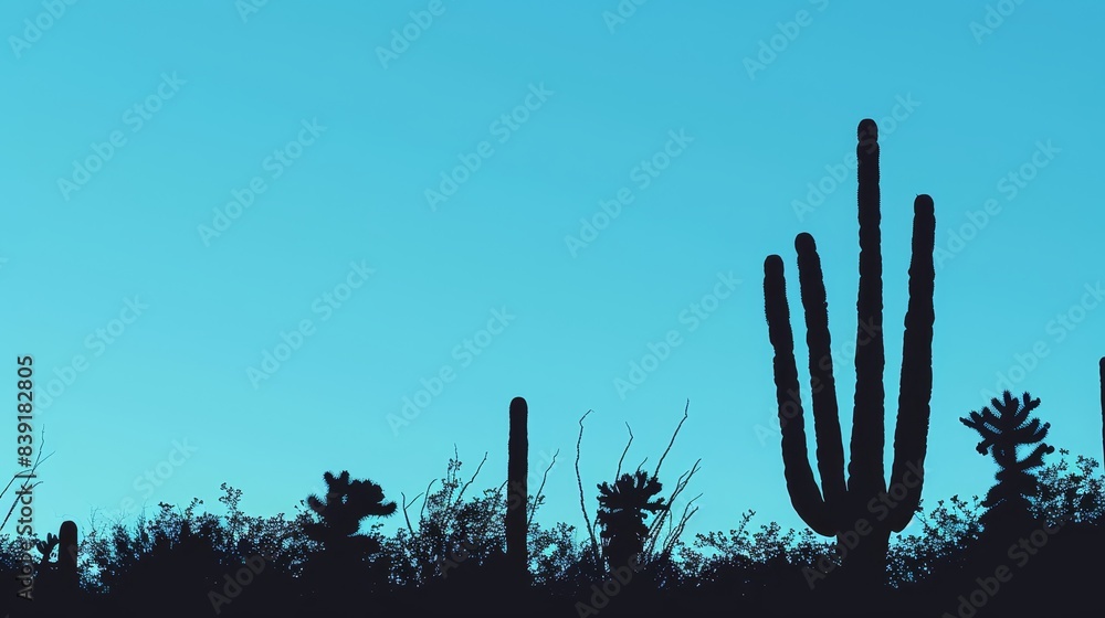 Minimalist cacti silhouette against clear blue sky, photorealistic, vibrant, overlay, desert setting Minimalist cacti silhouette against clear blue sky, photorealistic, vibrant, overlay, desert setting