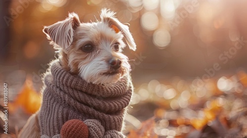 Cute Dog Wearing Scarf in Autumn Sunset Light