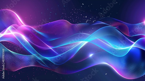 Abstract glowing neon light and sound wave background vector presentation design, blue purple white color scheme 