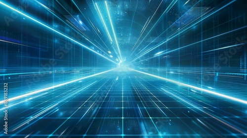 A futuristic background with blue and white grid lines, glowing light beams emanating from the center of the screen, creating an atmosphere reminiscent of advanced technology or digital innovation