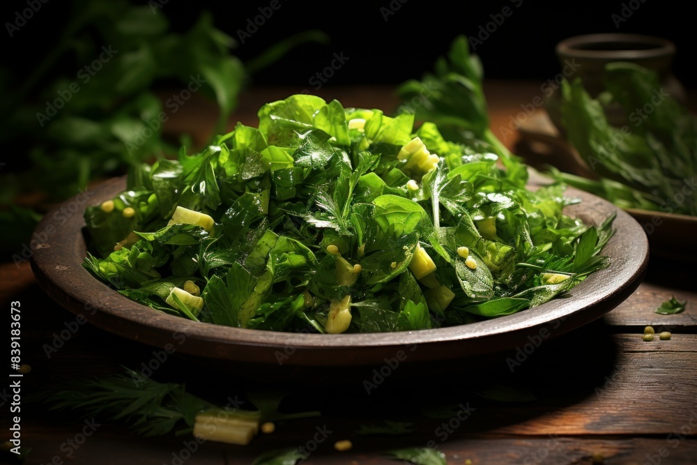 Wooden plate filled with vibrant, chopped mixed greens on a dark kitchen table Wooden plate filled with vibrant, chopped mixed greens on a dark kitchen table