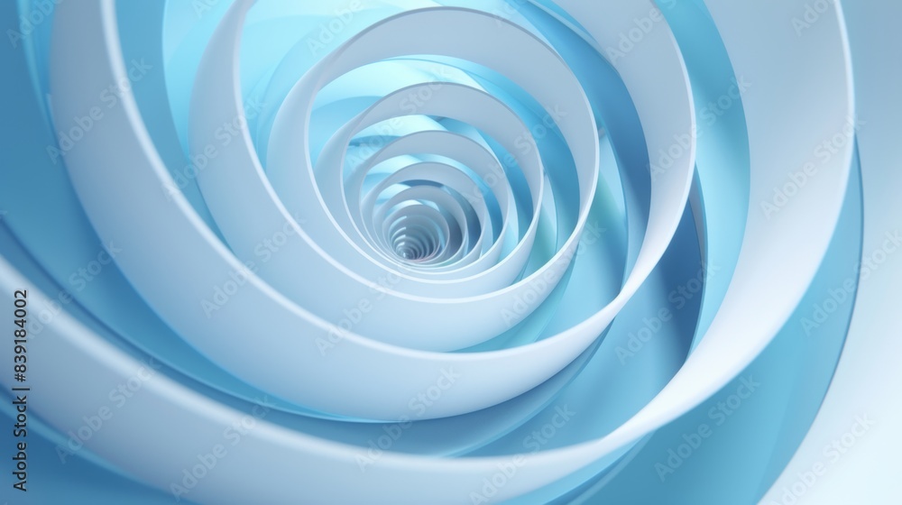 Blue background, light blue spiralshaped circular frame, white paper strips floating in the air, light gray and skyblue style, abstract lines, circular shapes, closeup shots, high angle perspective, h Blue background, light blue spiralshaped circular frame, white paper strips floating in the air, light gray and skyblue style, abstract lines, circular shapes, closeup shots, high angle perspective, h