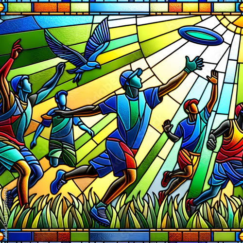 Stained glass picture of Ultimate Frisbee