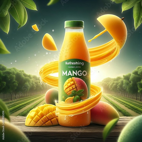 Mango juice bottle, peel spirals around it, mango fruits floating above, mango farm background illustration image generative ai, image for advertising in poster and brochure photo