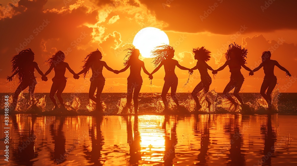 Silhouettes of women dancing on beach at sunset.
