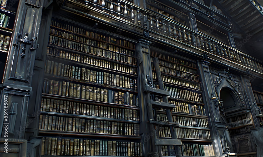 Obraz premium Classic dark wood shelves laden with countless books