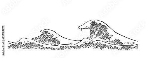 Sea waves. Vintage vector engraving black illustration. Isolated on white