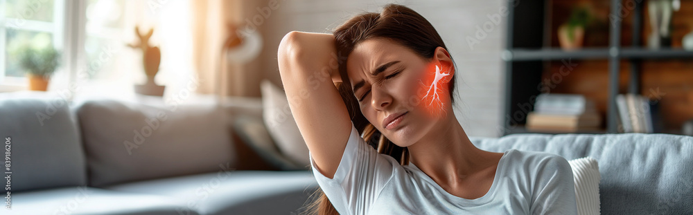 Digital composite of highlighted had of a woman with had pain at home. Photo with copy space. Hyper realistic photo Digital composite of highlighted had of a woman with had pain at home. Photo with copy space. Hyper realistic photo