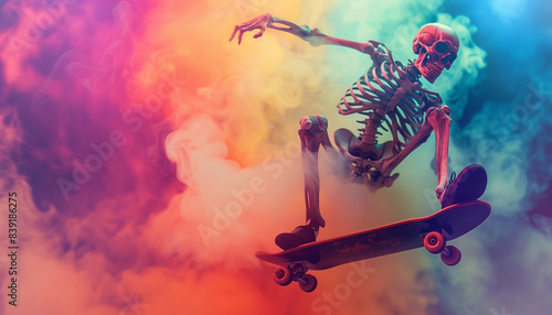 One skeleton riding skateboard spooky eerie rainbow smoke foggy mist Halloween background skate skateboarding trick jump kickflip ollie grind pose skull bone cloud misty haunted fun skater copy space