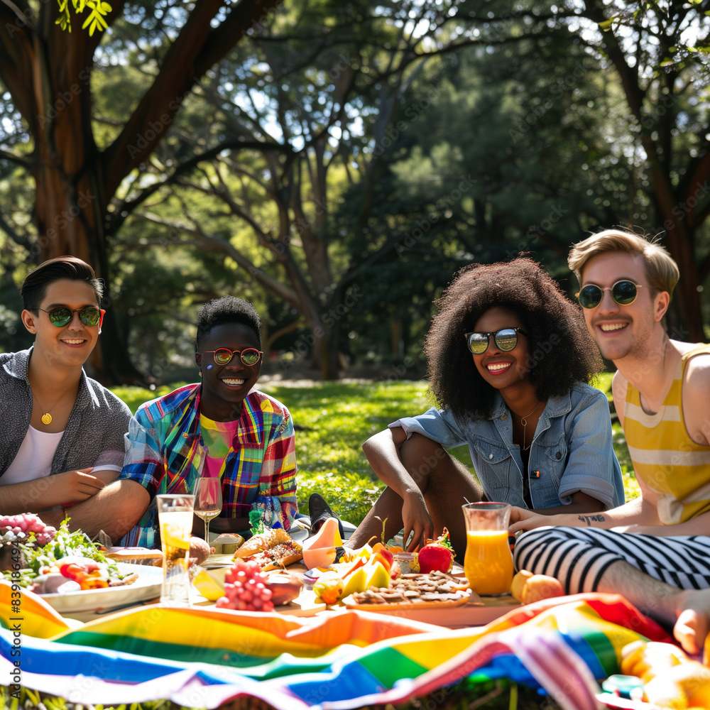 group of LGBTQIA  friends enjoying a picnic in the park
