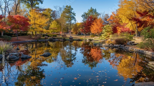 A tranquil pond reflecting the vibrant colors of autumn leaves, a peaceful retreat. © ammar