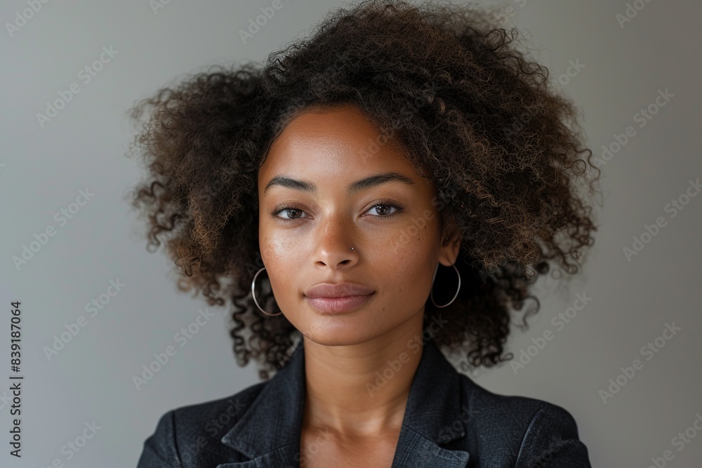 A professional headshot capturing a mixed-race individual with natural curly hair, thoughtfully gazing into the distance, exuding confidence and contemplation. A professional headshot capturing a mixed-race individual with natural curly hair, thoughtfully gazing into the distance, exuding confidence and contemplation.
