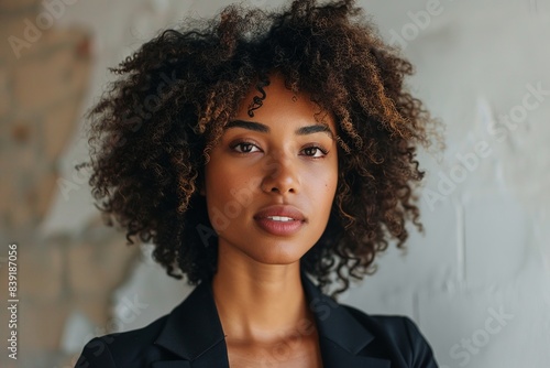 A professional headshot capturing a mixed-race individual with natural curly hair, thoughtfully gazing into the distance, exuding confidence and contemplation.