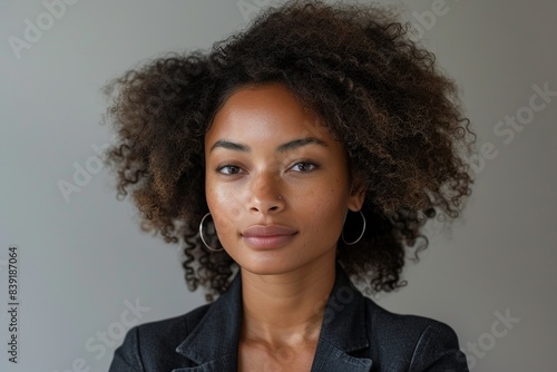 A professional headshot capturing a mixed-race individual with natural curly hair, thoughtfully gazing into the distance, exuding confidence and contemplation.