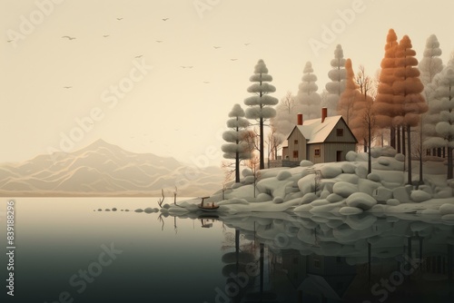 Artistic illustration of a tranquil lakeside cabin amidst autumn trees with mountain backdrop
