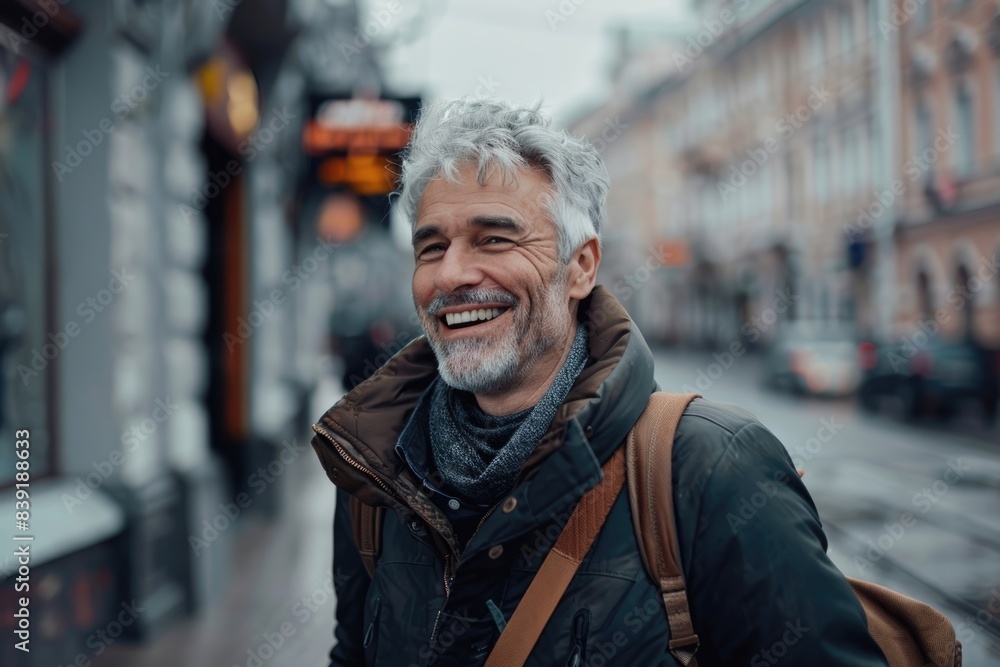 Middle age grey haired man smiling happy walking at street of city. Middle age grey haired man smiling happy walking at street of city.