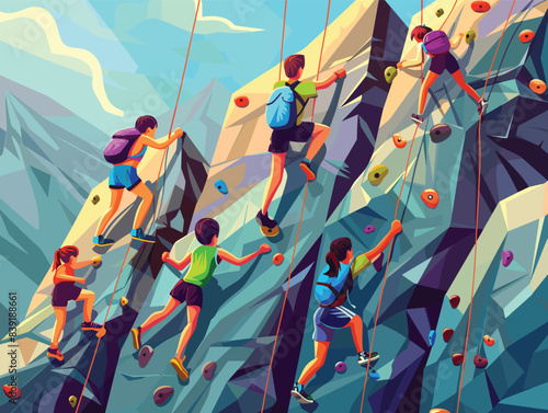 Five people climbing indoor rock wall, focused active. Diverse ethnicities, casual attire, harnesses secure climbers, simulated mountain terrain. Dynamic adventure, healthy lifestyle, challenging
