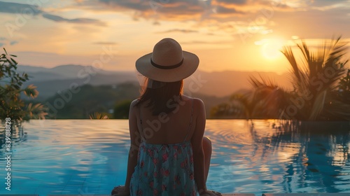 Back View of Woman in Hat and Summer Dress Relaxing by Poolside at Sunset in Luxury Tropical Resort - Vacation Travel Concept