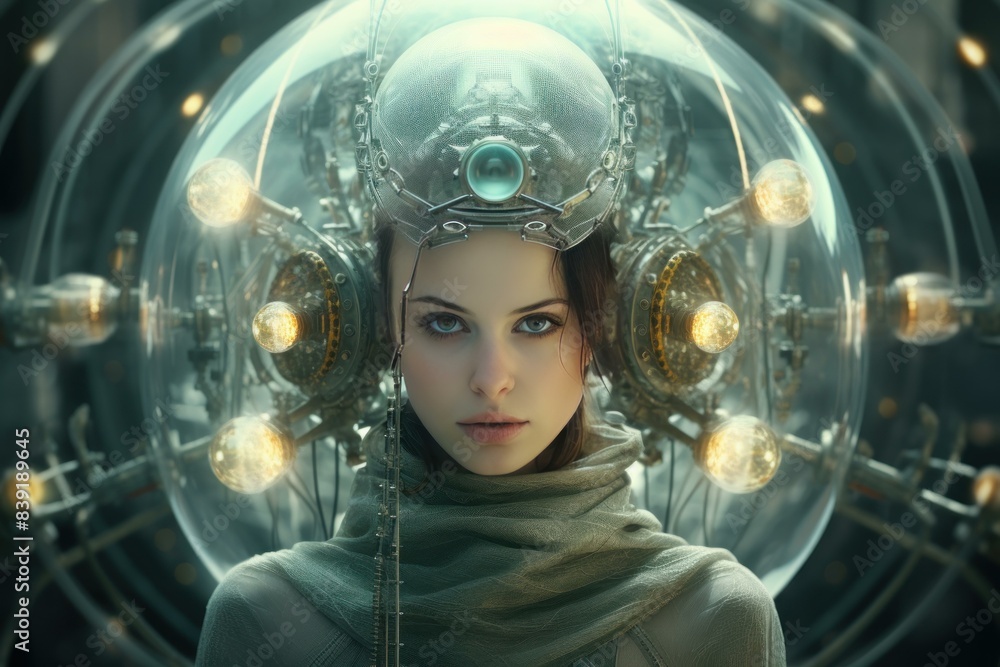 Digital artwork of a woman with a cutting-edge sci-fi helmet and intense gaze Digital artwork of a woman with a cutting-edge sci-fi helmet and intense gaze