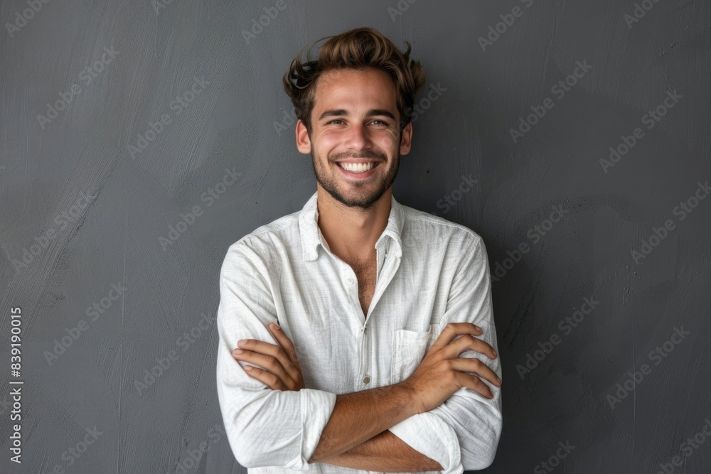 smiling man with crossed arms over gray background smiling man with crossed arms over gray background