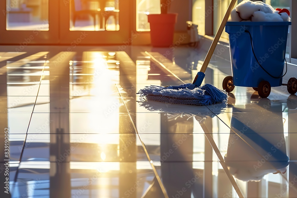 Fototapeta premium Sunlit Modern Hallway with Blue Mop Bucket and Cotton Mop Casting Long Shadow