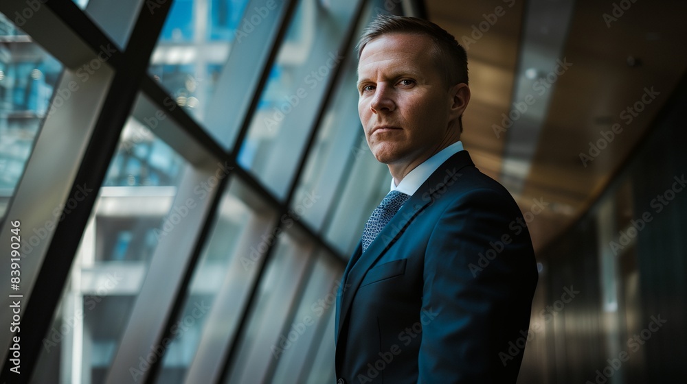 Naklejka premium a man in a suit and tie standing in front of a window with a view of a city outside