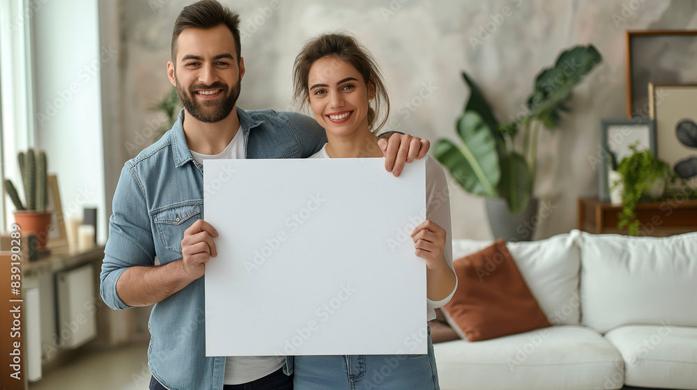 Proud attractive couple. Holding large empty white canvas in modern livingroom. Blurred background Proud attractive couple. Holding large empty white canvas in modern livingroom. Blurred background