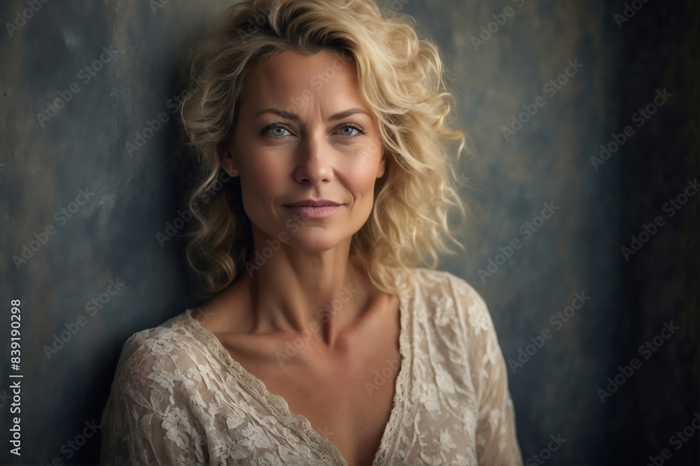 Elegant Woman with Curly Blonde Hair in Lace Top Posing Against a Textured Background for a Portrait Elegant Woman with Curly Blonde Hair in Lace Top Posing Against a Textured Background for a Portrait