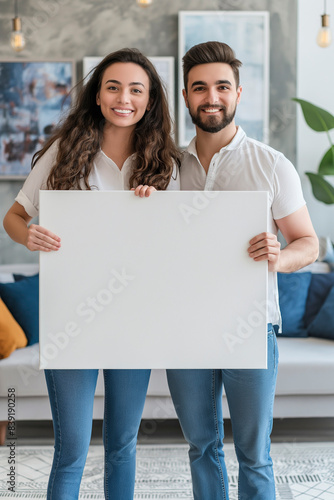 Proud attractive couple. Holding large empty white canvas in modern livingroom. Blurred background © Daniil