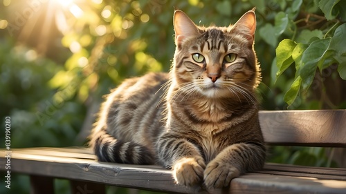 Step into a tranquil summer scene with this beautiful image of a tabby cat with striking green eyes, perched on a bench beneath the trees, illuminated by the soft, golden rays of sunset.