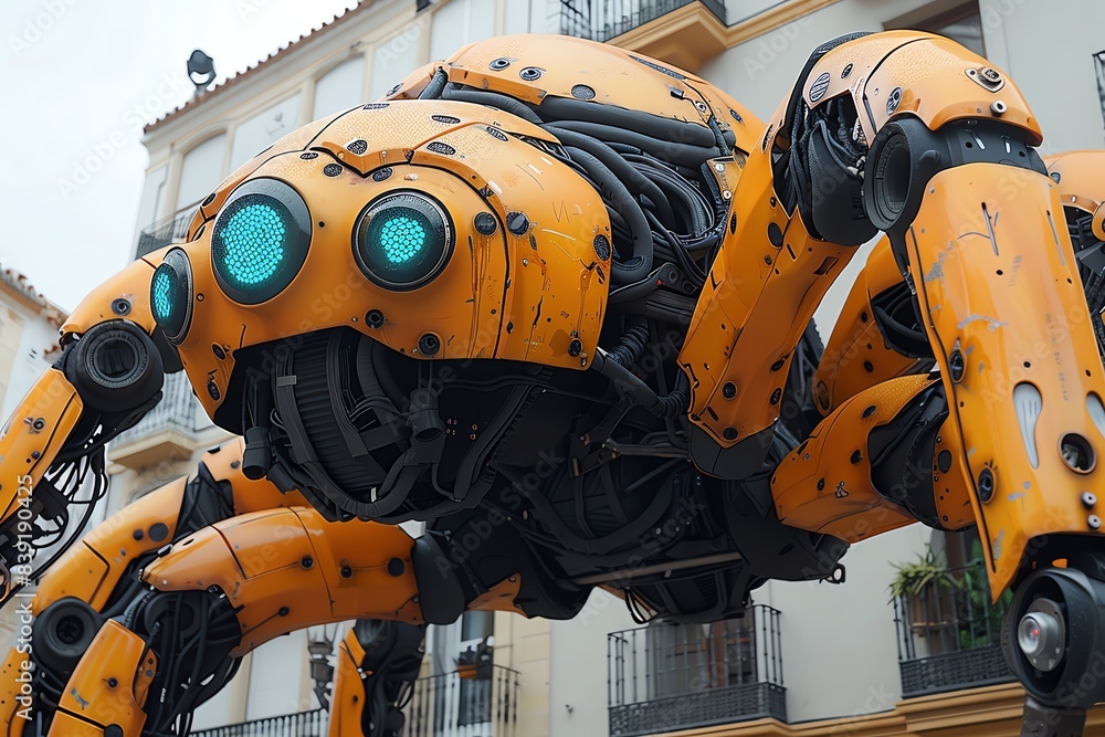 Giant robotic spider with glowing eyes in a city setting. Giant robotic spider with glowing eyes in a city setting.