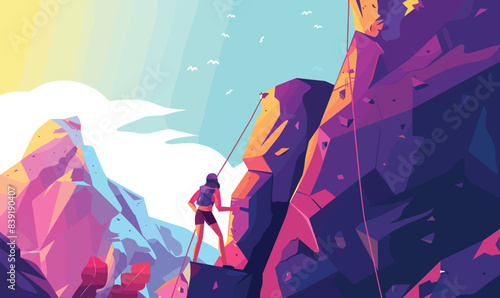 Female climber ascending vibrant mountain cliff, secure rope attached, outdoor adventure. Experienced woman hiking up colorful rocky terrain, safety gear on, sunlight sky backdrop. Solo climber uses