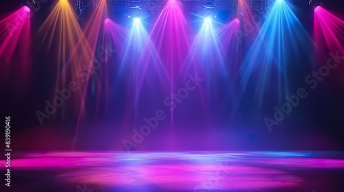 Abstract empty stage with colorful lights and neon spotlights. Night club background for presentation