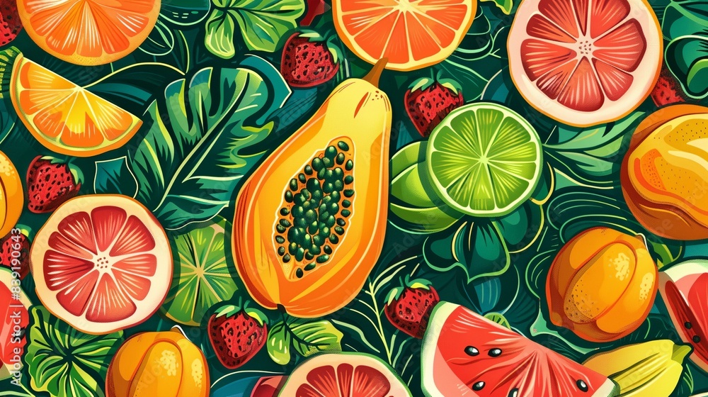 a painting of a variety of fruits and leaves on a green background a painting of a variety of fruits and leaves on a green background