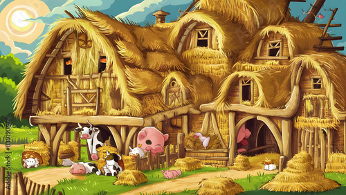 A charming Farm-themed cartoon barn design featuring straw bales and hay piles