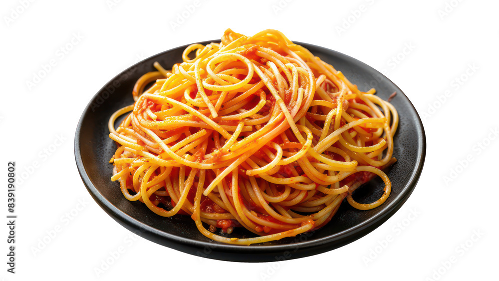 Delicious Spaghetti Pasta with Tomato Sauce on Black Plate, Isolated on Transparent Background Delicious Spaghetti Pasta with Tomato Sauce on Black Plate, Isolated on Transparent Background