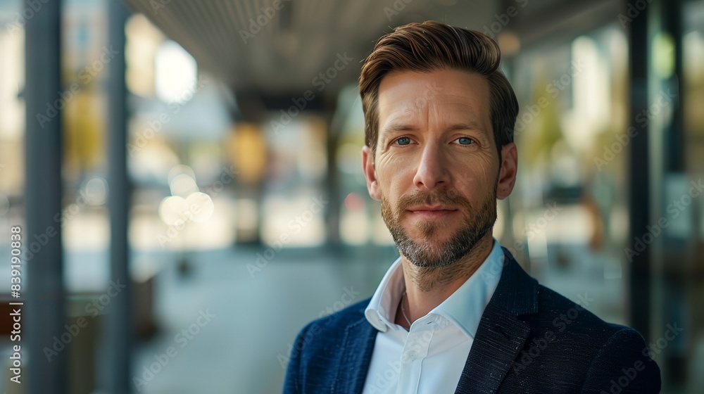 Obraz premium a man with a beard and a suit jacket on standing in front of a building with a glass door