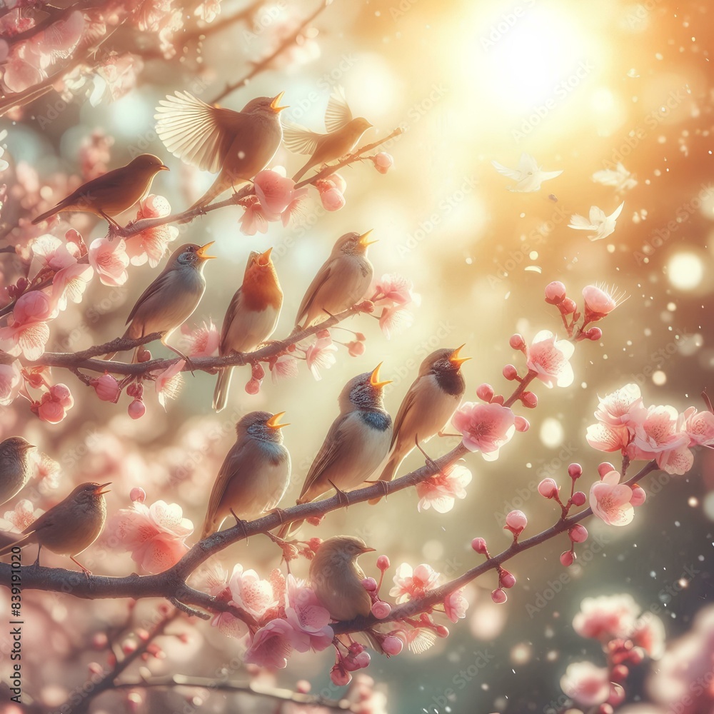Flock of birds are singing happily on the branches of a tree with spring flower blossoms and sun light , spring season background. Flock of birds are singing happily on the branches of a tree with spring flower blossoms and sun light , spring season background.