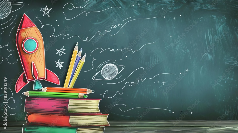 back to school still life with rocket sketch pencils and books chalk drawing illustration back to school still life with rocket sketch pencils and books chalk drawing illustration