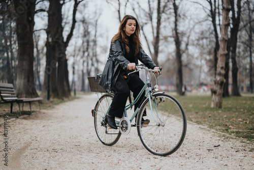 A young, attractive businesswoman looking confident and stylish while riding a bicycle on a gravel path in a serene park.