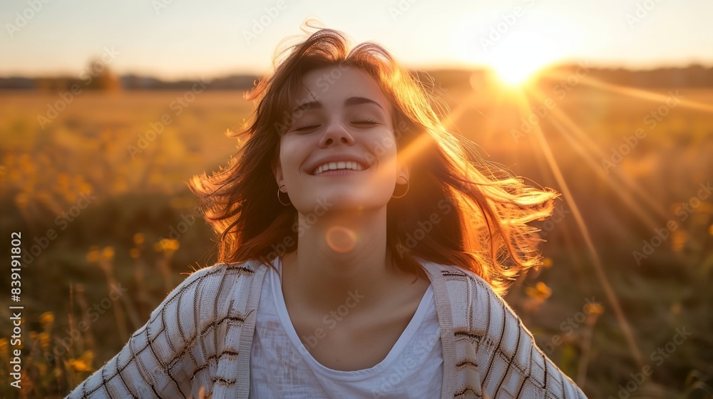 a woman smiles as the sun sets in a field of flowers behind her a woman smiles as the sun sets in a field of flowers behind her