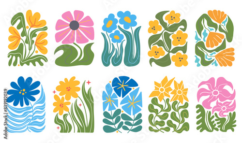 Groovy abstract floral arch. Wavy retro flower plant in naive hippie 60s 70s style. Floral botanic vector illustration frame