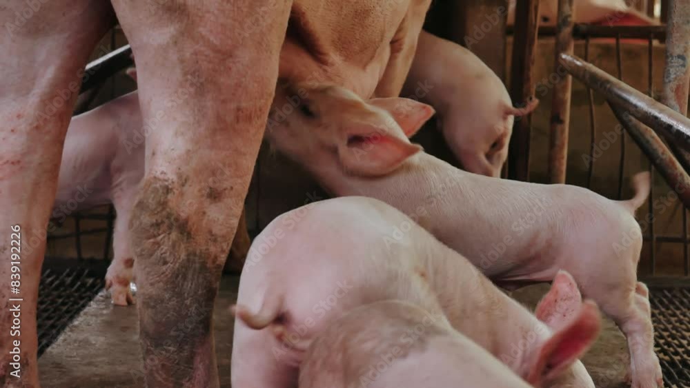 Suckling piglets suckling a sow farm, Small piglet drinking milk from breast pig in the farm Suckling piglets suckling a sow farm, Small piglet drinking milk from breast pig in the farm