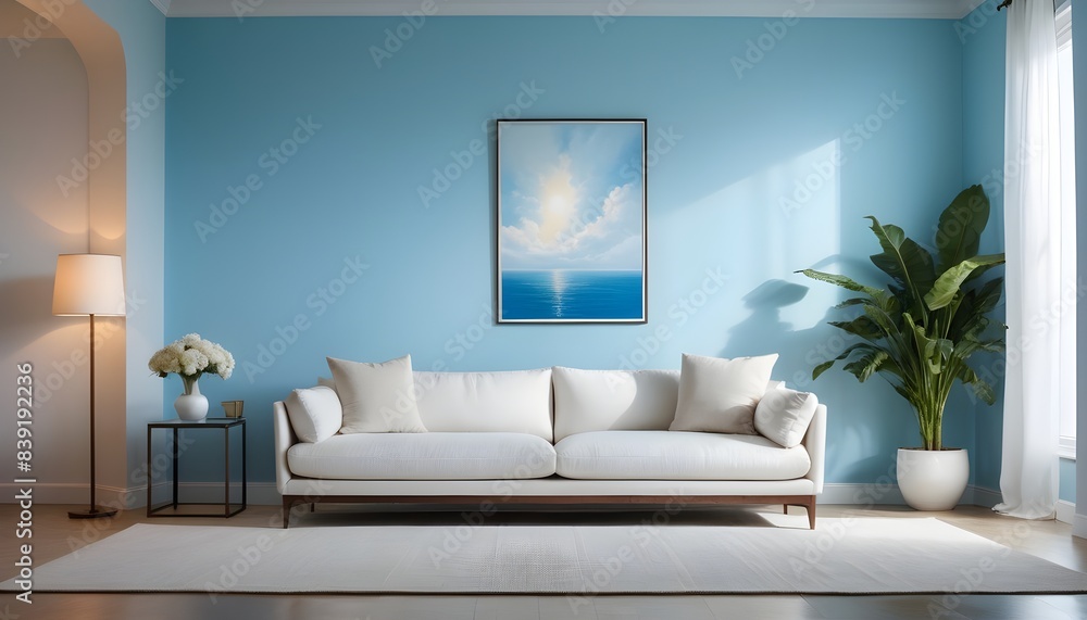 Fototapeta premium Modern interior design with sofa on empty blue wall background.